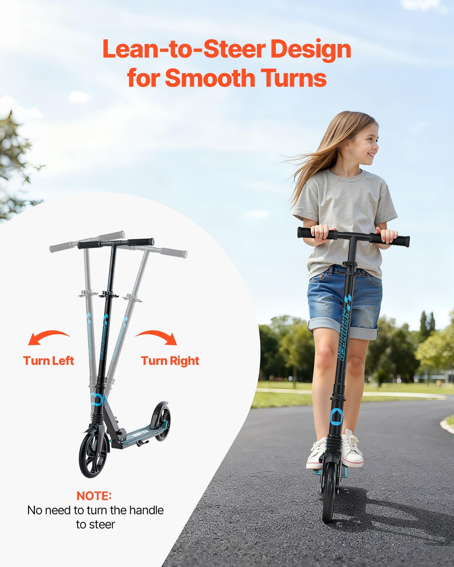 VEVOR Kick Scooter for Kids Ages 8+, Teens & Adults, 2-Wheel Toddler Scooter with Adjustable Height Handlebar, Wide Anti-Slip Deck, Foldable Lightweight for Boys & Girls up to 220 lbs, Black + Blue