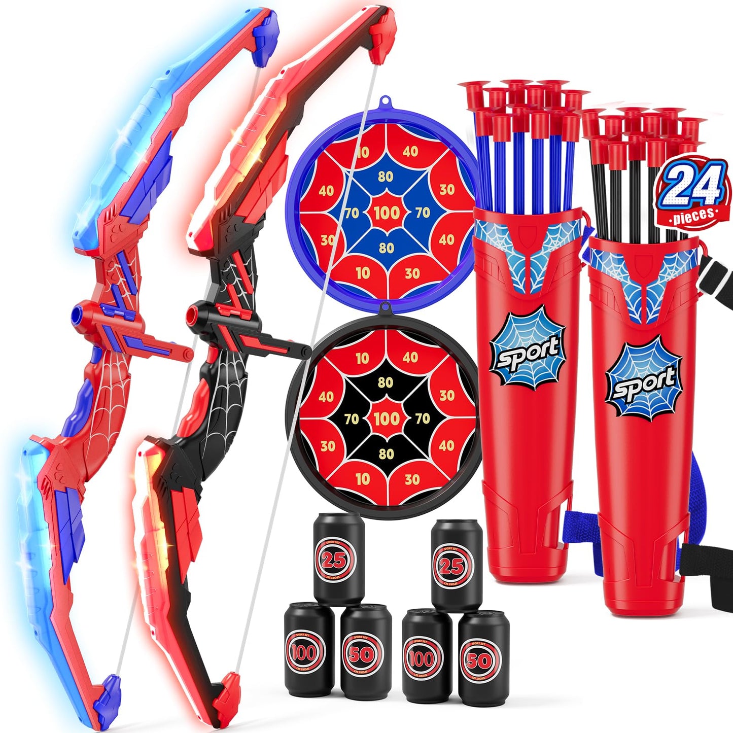 HYES 2PCS Bow and Arrow for Kids, LED Light Up Archery Set with 24 Suction Cup Arrows, 2 Hanging Target, 6 Score Targets & 2 Quiver, Indoor Outdoor Sport for Boys Girls Ages 4-12