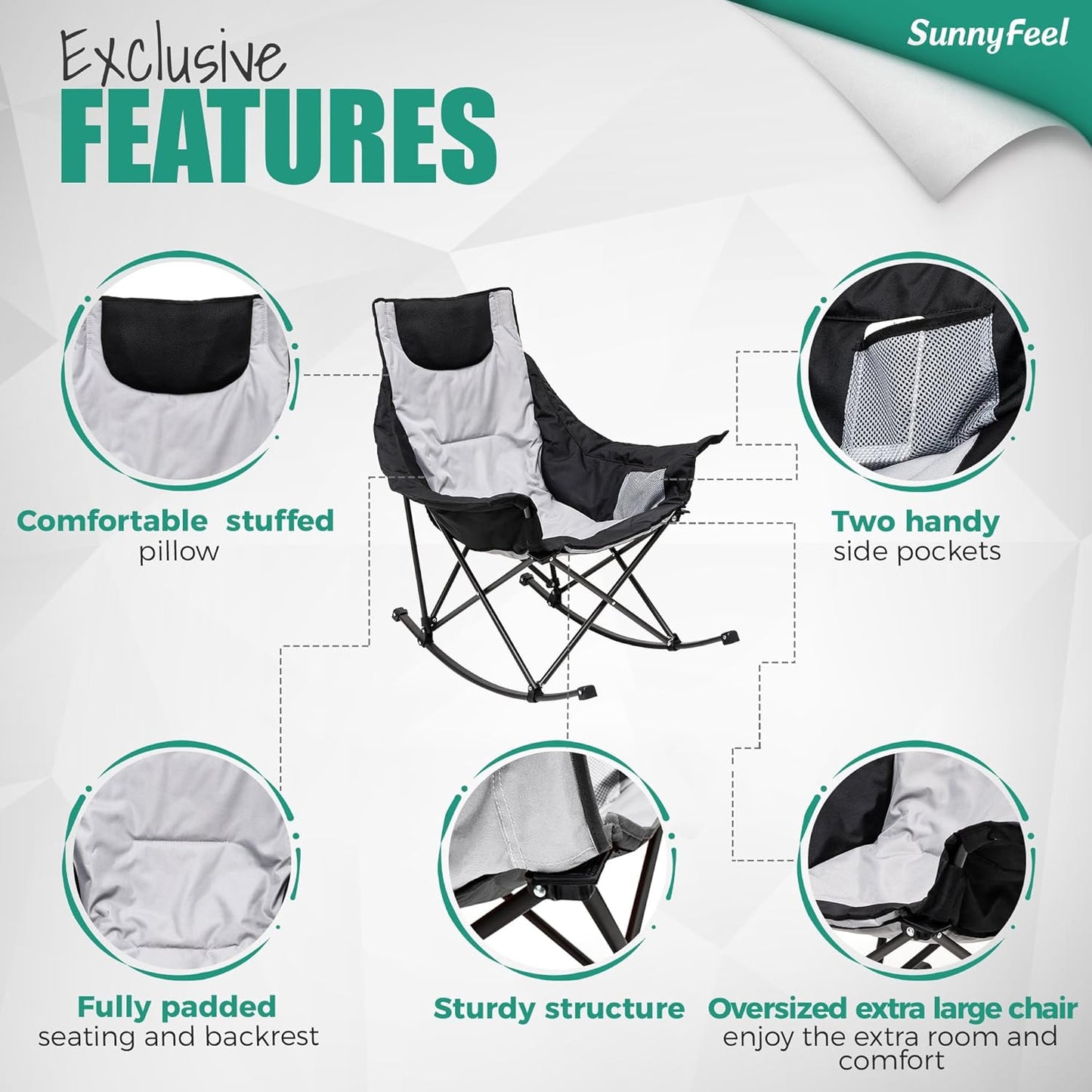 SUNNYFEEL Oversized Rocking Camping Chair - Fully Padded High Back Recliner with Side Pocket | Supports 500 LBS
