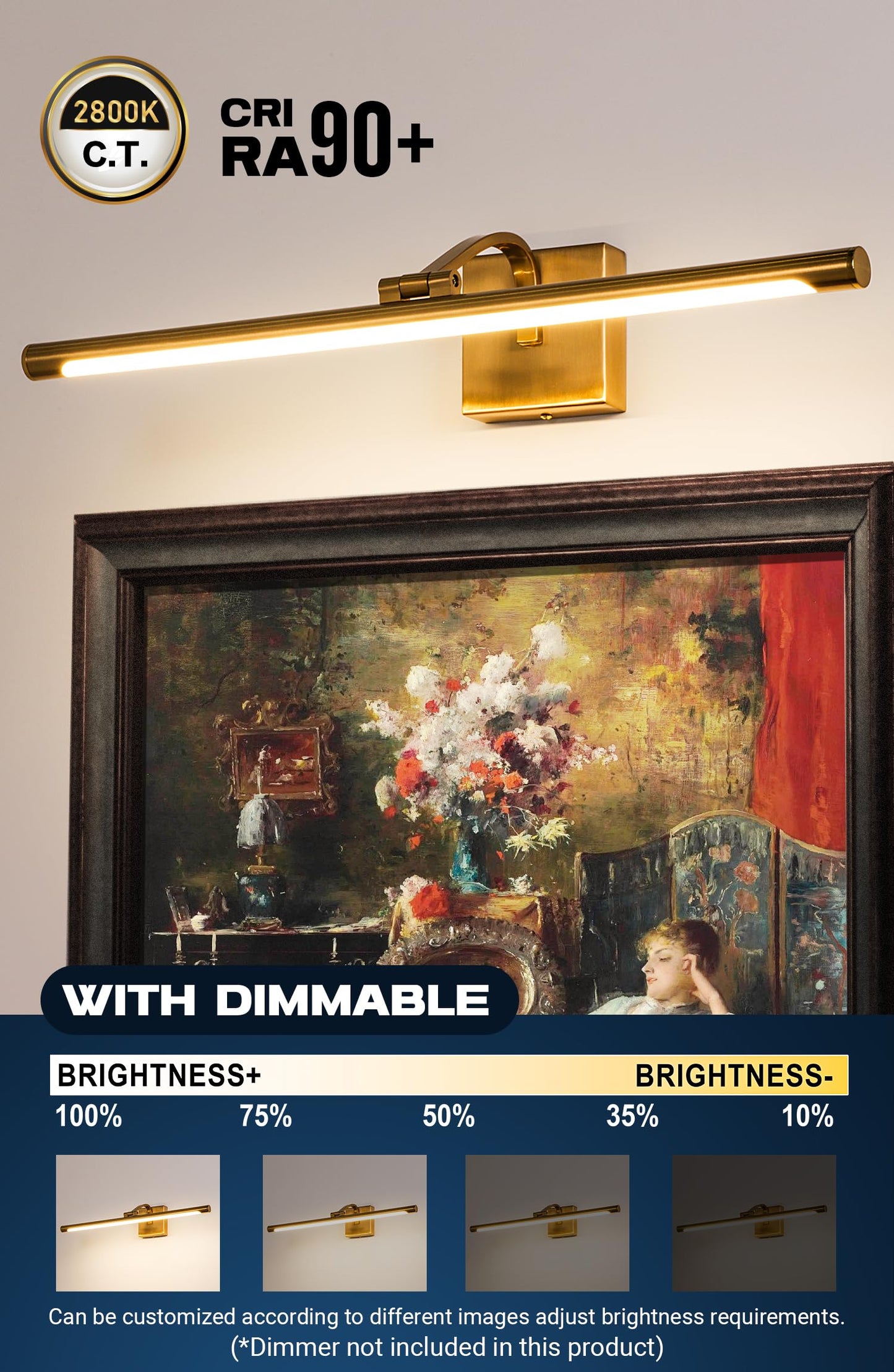 WAMBLZ Dimmable Picture Light for Wall 24 inch Golden Brass Finish Art Lighting with Rotatable Light Tube 2800K Full Metal Hardwired Gallery Light for Painting Artwork Display