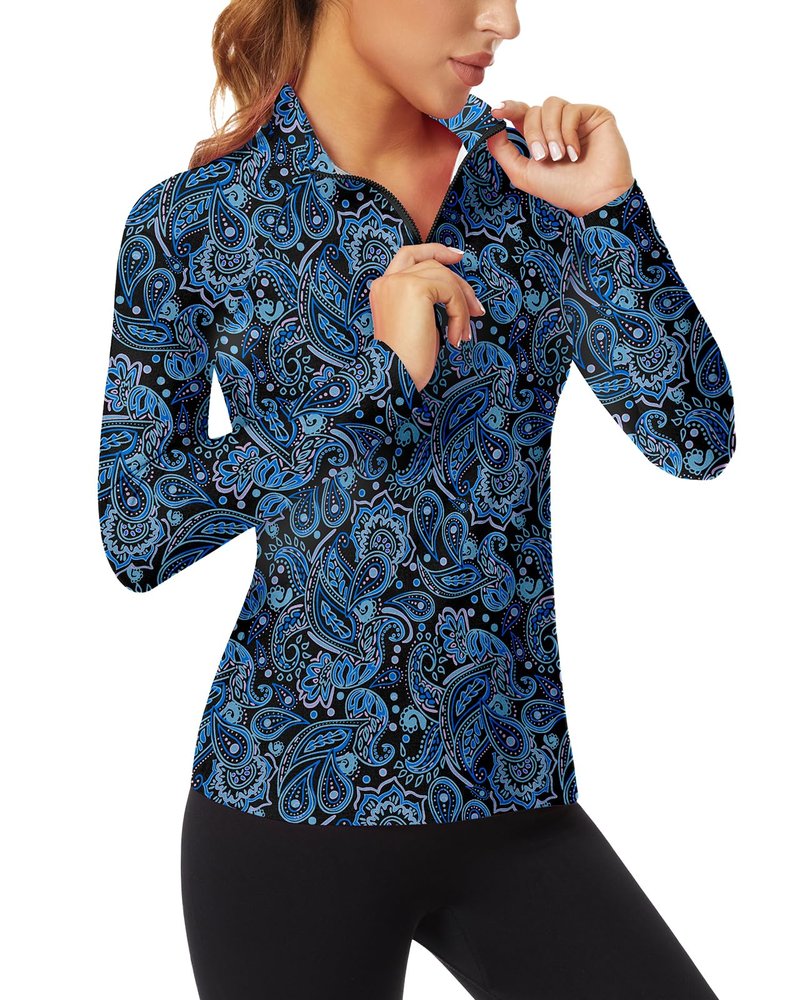 Women's 1/4 Zip Pullover Long Sleeve Athletic Shirt Collared Running Top Quick Dry Tennis T-Shirt (Blue Paisley-054,Large)