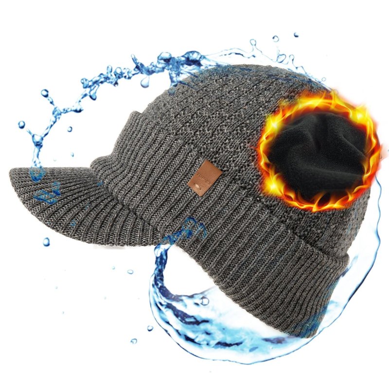 TOP-EX Waterproof Visor Beanie Hat for Men Winter Knit Skull Stocking Cap with Brim Women, Merino Wool & Fleece Lined & Water Proof Headwear for Cold Weather Gray M/L