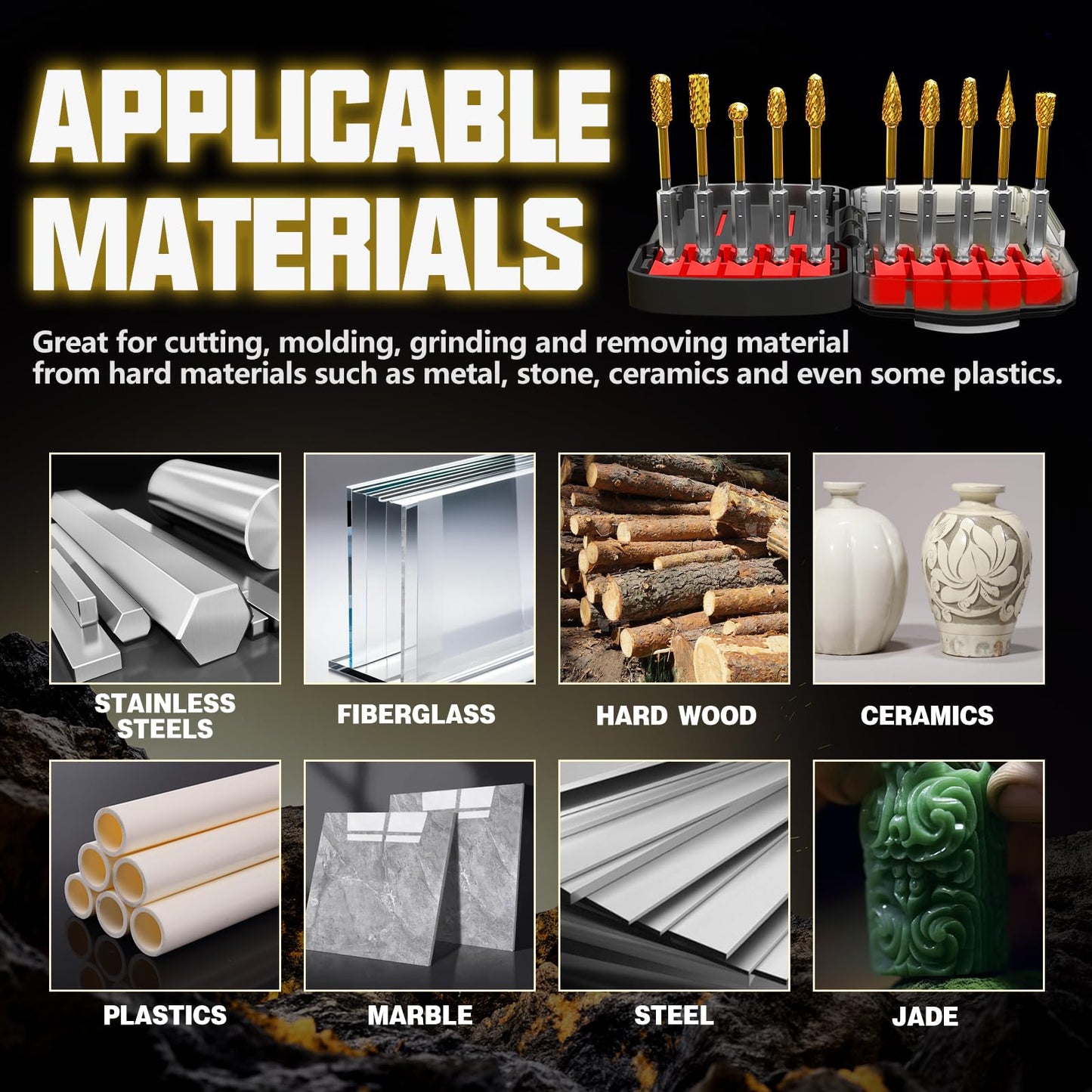 METOTY 10PCS Titanium Gold Carbide Burr Set for Die Grinder Bits, 1/4" Quick-Change Shank,Compatible with Milwaukee & DeWalt | Metal/Wood/Stone Grinding & Cutting | Premium Storage Case