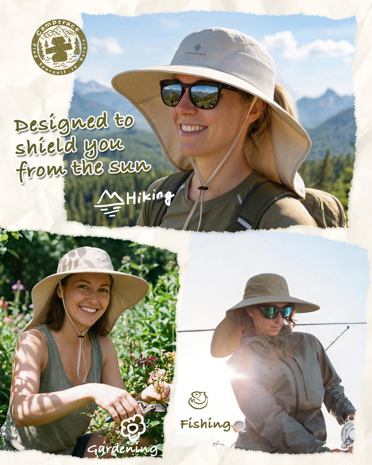 Camptrace Sun Hats for Women Men UPF 50+ UV Protection Wide Brim Hiking Fishing Hat with Neck Flap, Beige