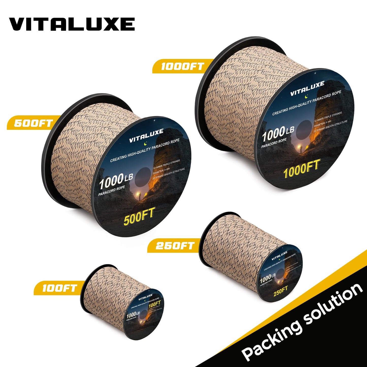 VITALUXE 1000lb Paracord Rope, 4mm 12 Triple Strands 100FT, Desert Camo