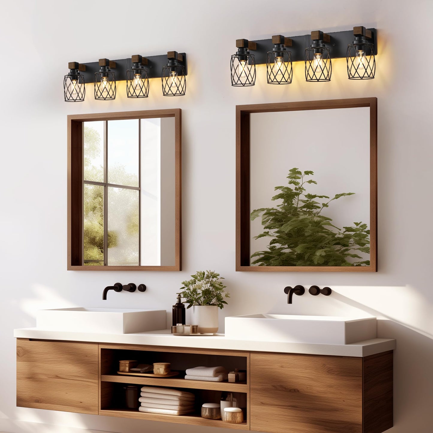 XvmBvm Farmhouse Bathroom Vanity Light, 4-Light Wood Bathroom Light Fixtures Over Mirror, Black Industrial Vanity Lights with Metal Shade, Rustic Bathrooms Lighting for Living Room, Bedrooms, Hallway