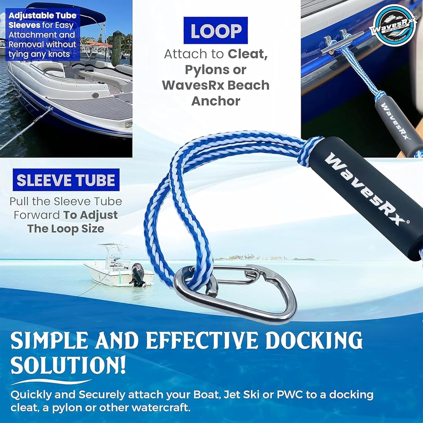 WAVESRX DockingPal - Premium Bungee Dock Line for Boats & PWC | Elastic Mooring Rope Absorbs Shocks & Prevents Damage
