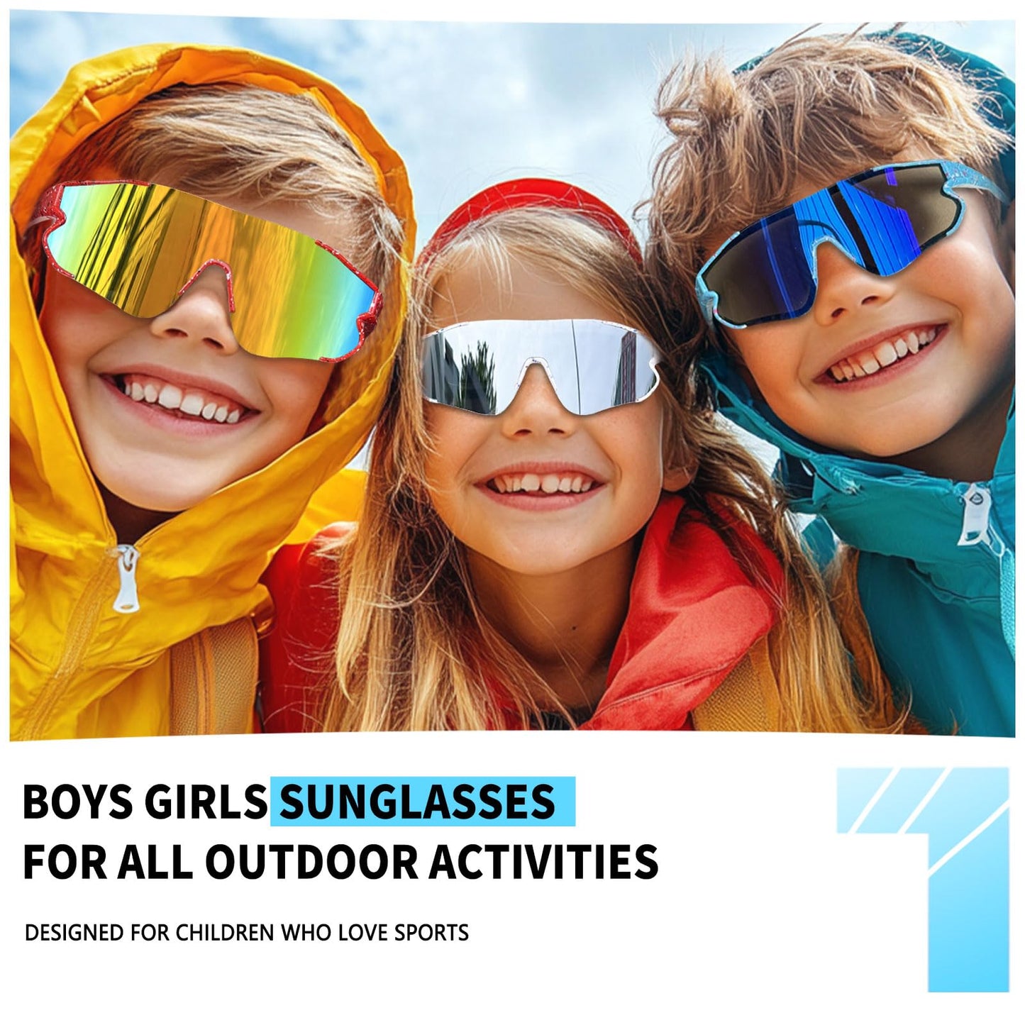 Wapreta 3PACK Kids Sunglasses Youth Baseball Sunglasses for 4-12 Boys Girls Cycling Softball Running UV400 Sports Goggles (White Frame+ Red Frame + Blue Frame)