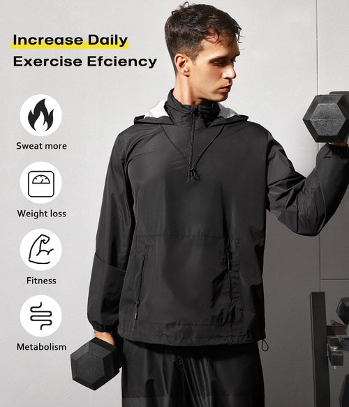 Junlan Sauna Jacket for Men Sweat Jacket Zipper Hoodie Sauna Suit for Workout (Black, Large)