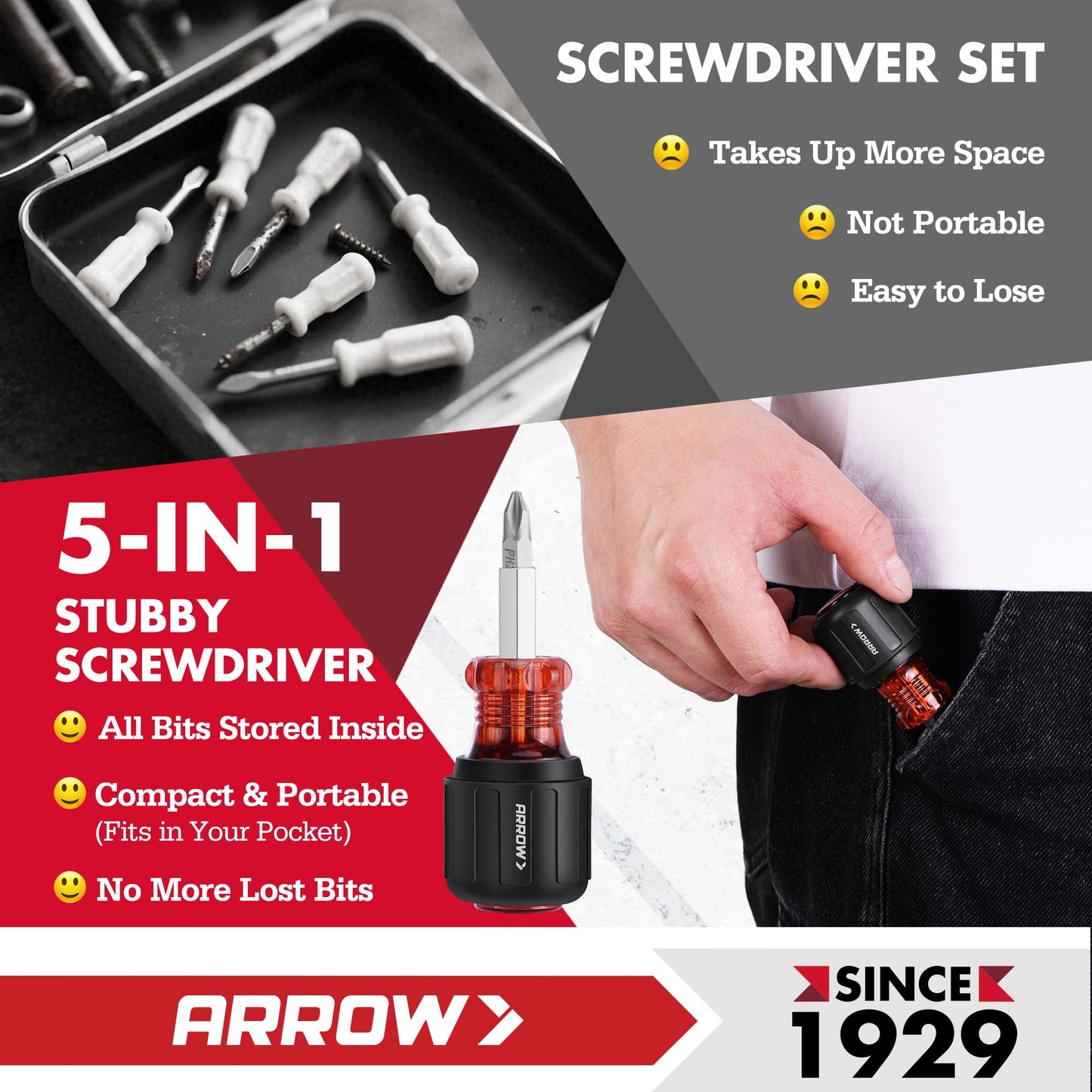 ARROW 5-in-1 Stubby Screwdriver, Multi-Bit Screw Driver & Nut Driver, Premium S2 Steel, Comfortable Grip, with Phillips, Slotted, Hex Socket, for Tight Spaces and Various Screw Tasks
