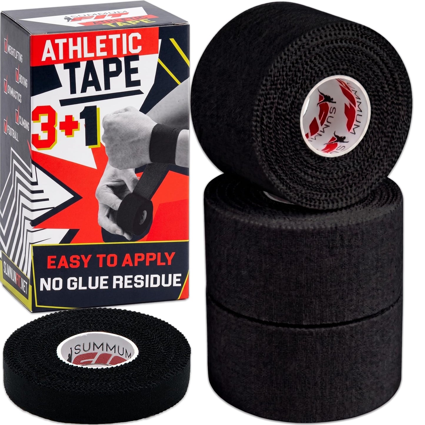 Summum Fit Black Athletic Tape Extremely Strong: 3 Rolls + 1 Finger Roll. Easy to Apply & No Residue. Sports Tape Athletic for Boxing Football Climbing or Gymnastics for Wrist Ankle & Hand Protection