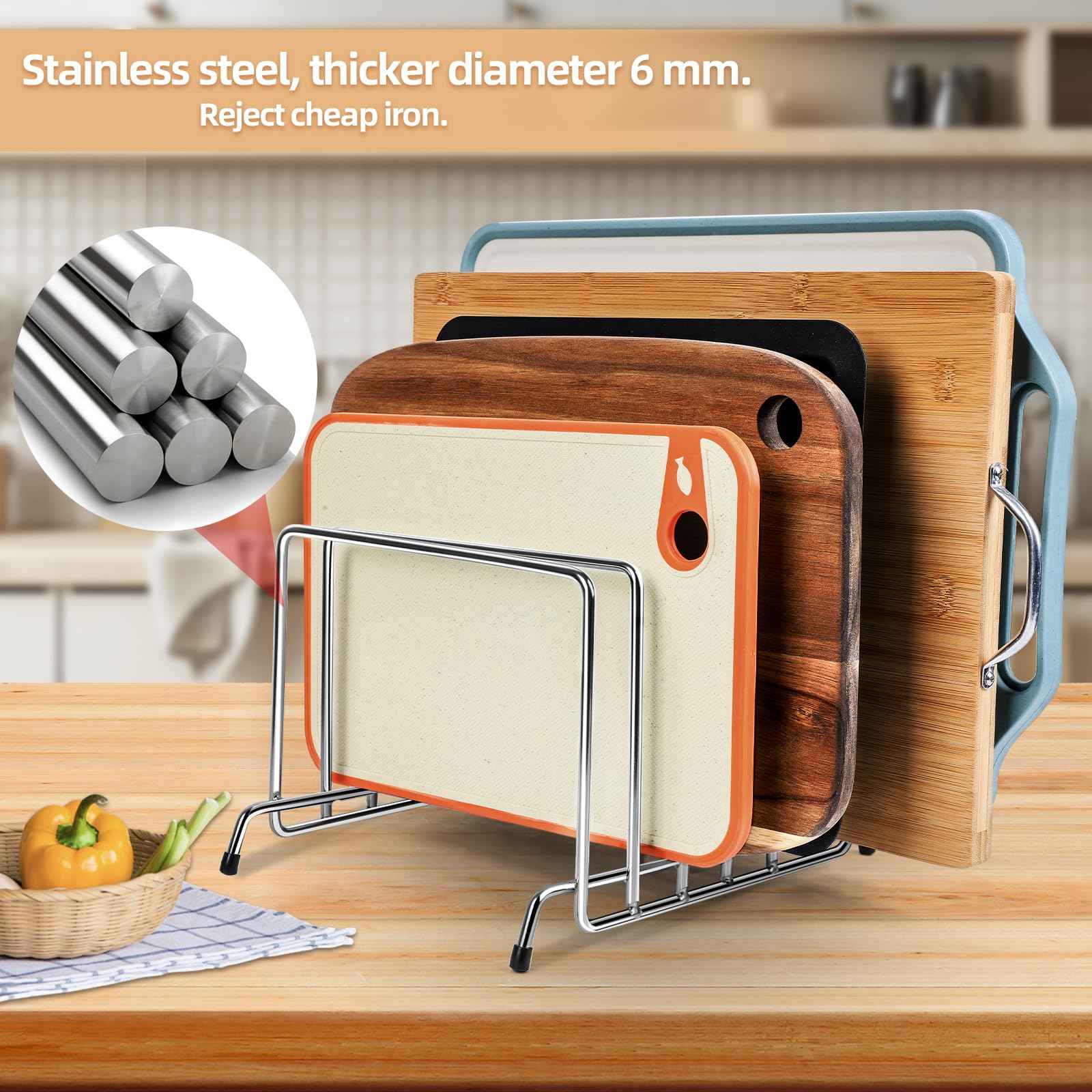 6 Slot Stainless Steel Heavy Duty Cutting Board Organizer, Cutting board storage rack，Cutting Board Holder Baking Cookie Pan Sheets Cooling, kitchen organizers and storage,Cabinet countertop organizer