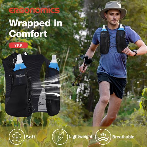 HIGH EXPERIENCE Running Vest Lightweight 4L Trail Hydration Backpack Pack with 2 17oz Soft Flask Jogging Marathon Cycling Hiking for Women Men (Black, Medium)