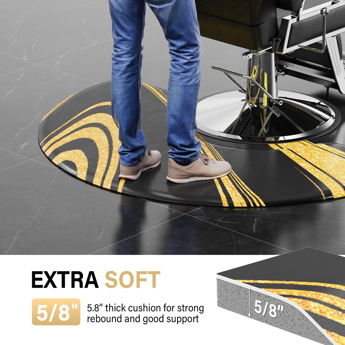 OmySalon 3’x 5’x5/8'' Thick Salon Mats for Hair Stylist Anti Fatigue, Barber Floor Mat with Round Base, Salon Chair Mat Hairdresser Standing, Anti-Slip Easy Cleaning