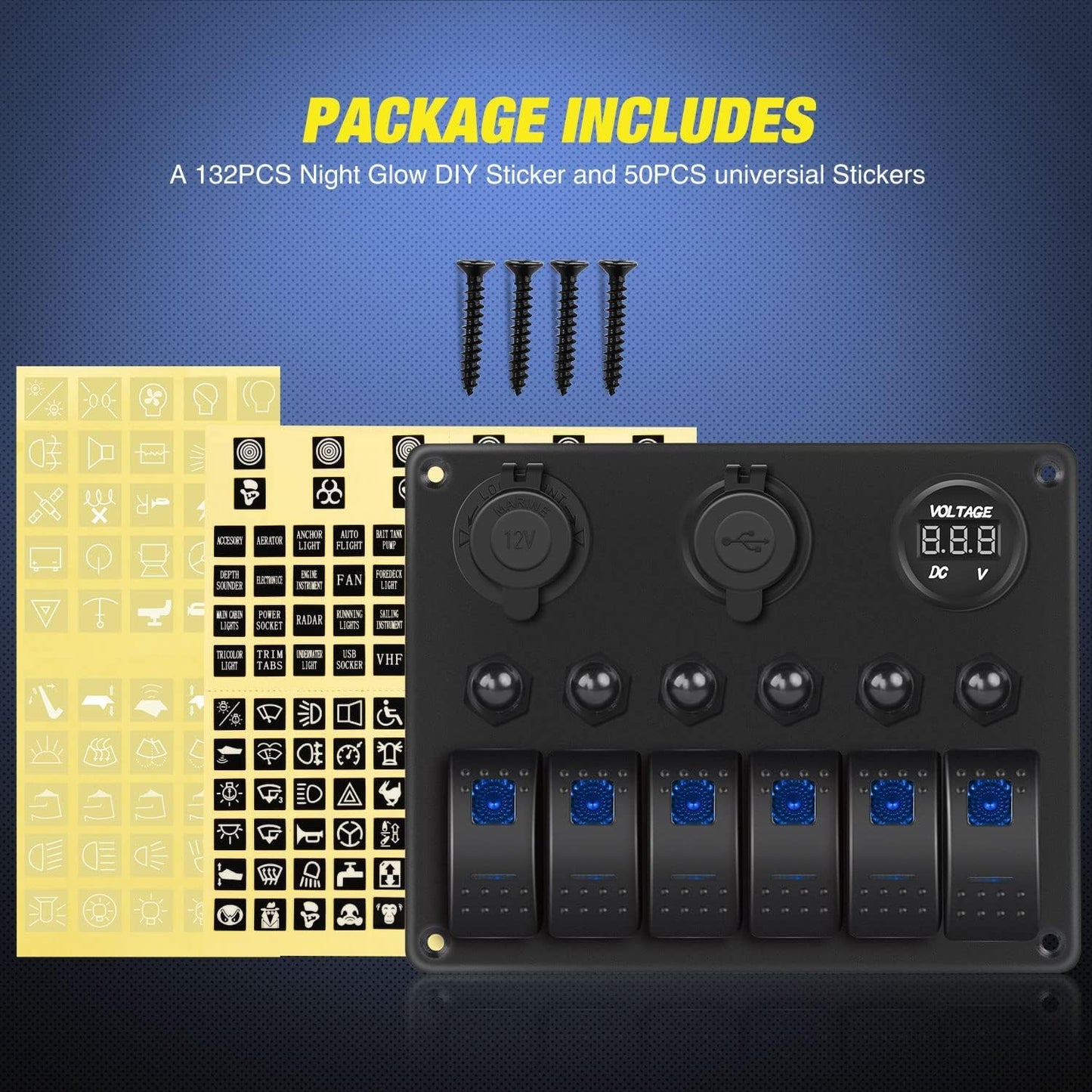 Nilight 6 Gang Rocker Switch Panel - Waterproof Pre-Wired Aluminum with USB & Voltmeter for 12V/24V Vehicles
