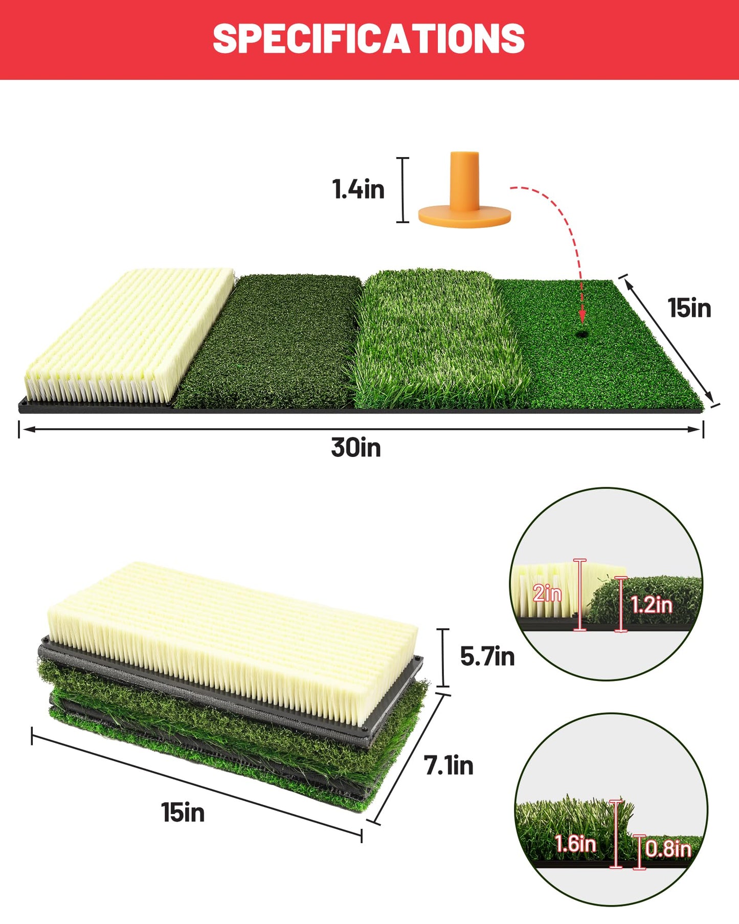 WEEPALM SPORTS 4-in-1 Golf Hitting Mat, Golf Practice Mat with Fairway, Rough, Sand & Tee Turf, Indoor Outdoor Golf Training Mat for Driving, Chipping & Putting with Golf Mat Tees