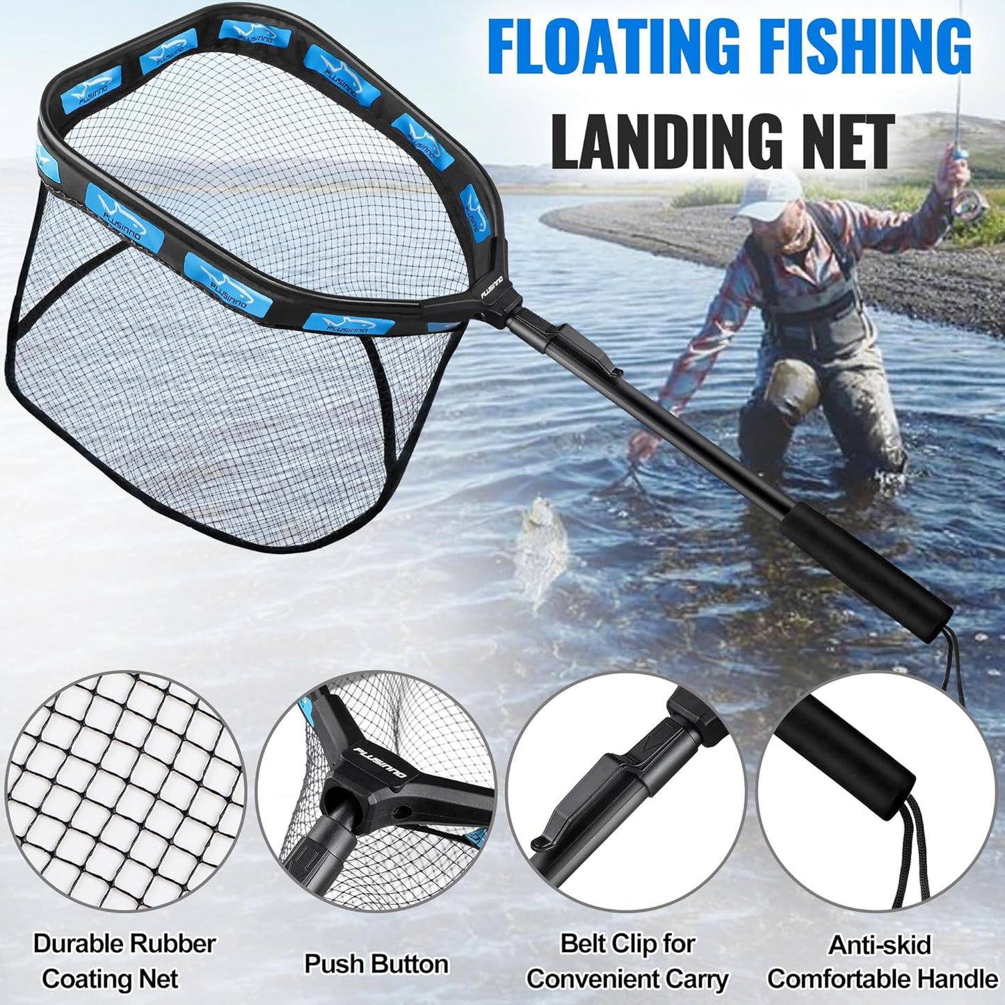 PLUSINNO Floating Fishing Net - Rubber Coated, Foldable Landing Net for Steelhead, Salmon, Bass, Trout | Telescoping Handle