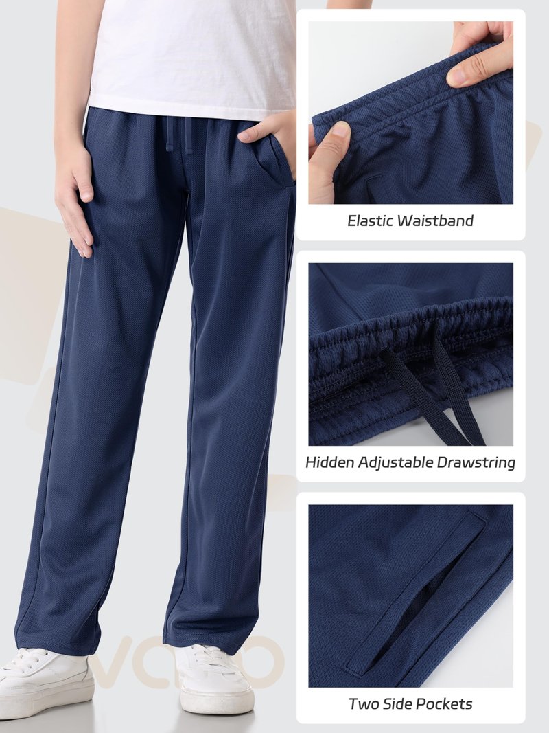 4 Pack Boys Mesh Athletic Pants, Lightweight Pants with Pockets and Drawstring, Thin Open Bottom Active Pants for Boys Black, Navy, Gray, Ash Gray Set A L