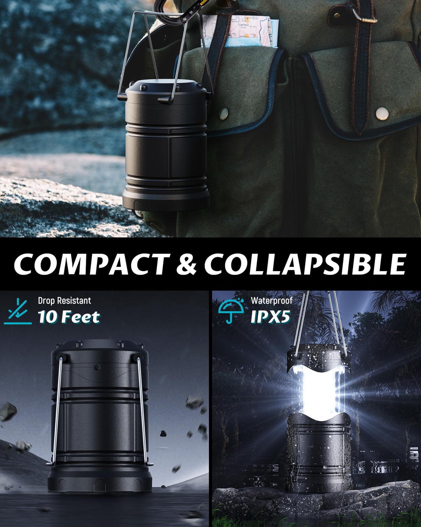 Lichamp 4 Pack LED Camping Lanterns, Battery Powered Camping Lights LED Collapsible Flashlight Portable Emergency Supplies Kit, A4BK