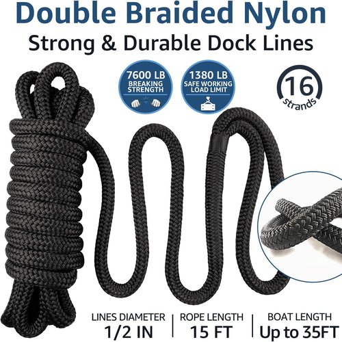 Marine Grade Dock Lines by [Brand Name] - 1/2" x 15' Nylon Boat Rope with 12" Loop - High Strength, Fray Resistant, Easy Handling - Black (2 Pack)