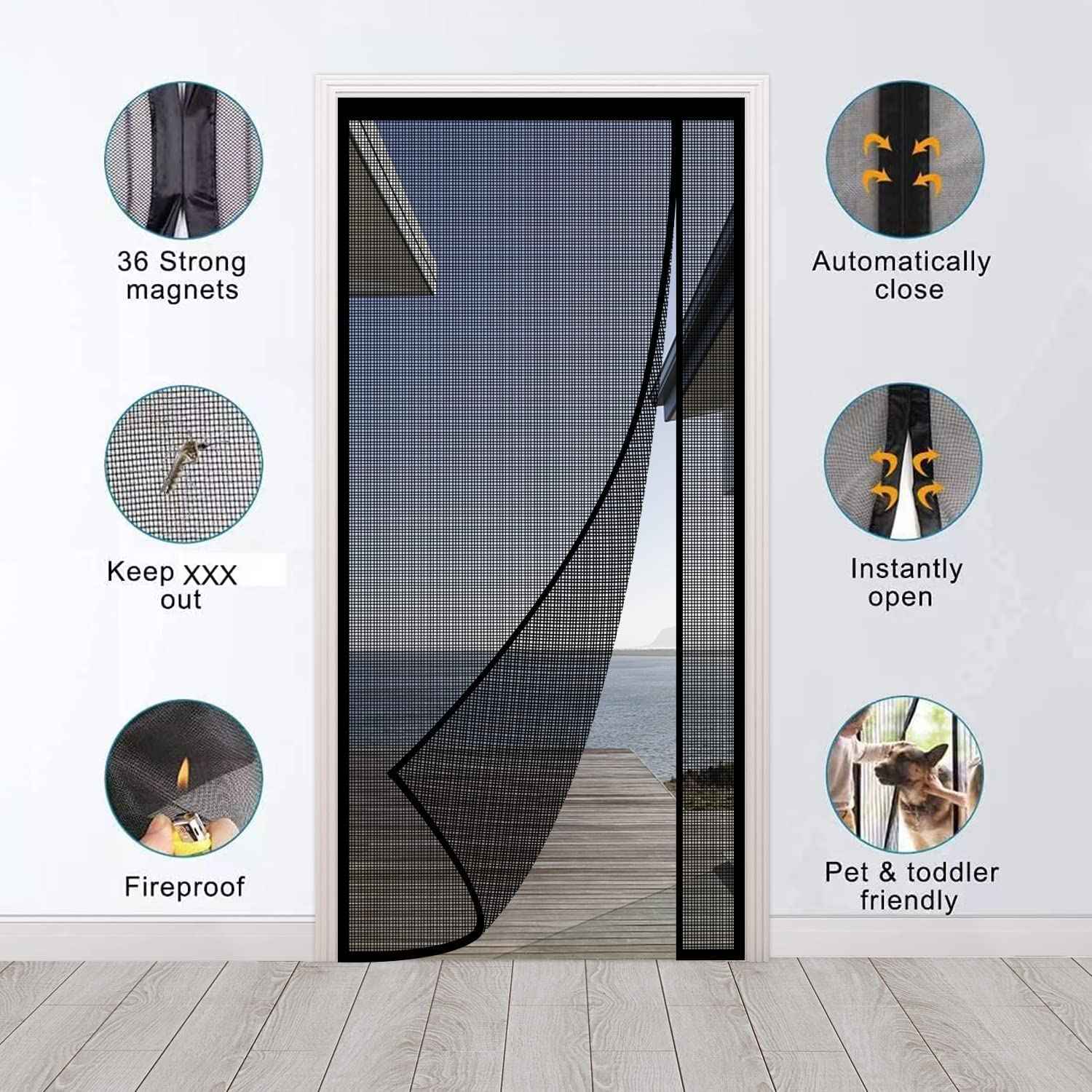Reversible Left or Right Side Opening Magnetic Screen Door, Narrow Durable Fiberglass Mesh Curtain Hands Free for Patio, Bedroom, Fits Door Size 38" x 82", Black