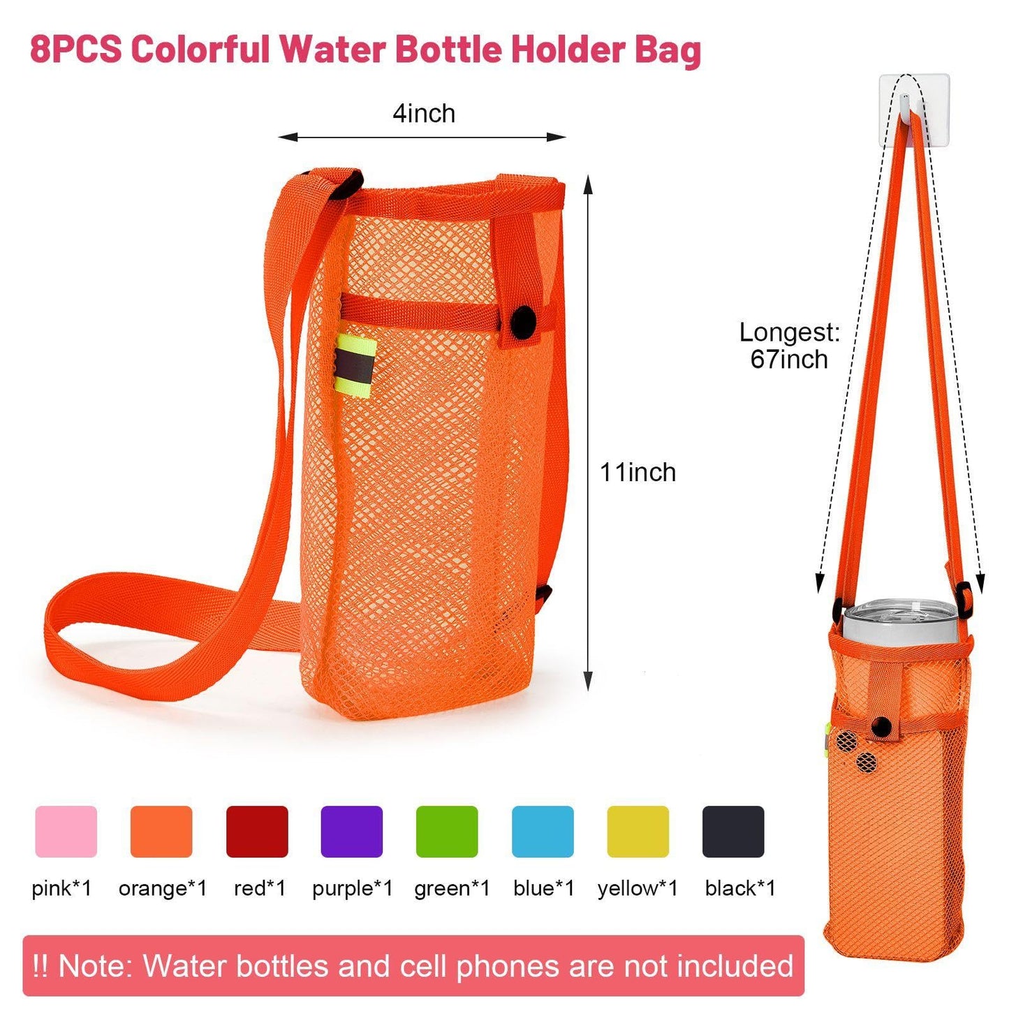 Tessco 8 Pcs Water Bottle Sling Holder with Adjustable Shoulder Strap Carrier Bag Mesh Sleeve Pouch for Walking Sports (Bright Colors, 11 x 4 Inch)