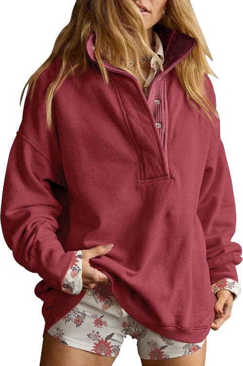 Gacaky Oversized Women's Sweatshirt - Casual Long Sleeve Button Henley Neck Pullover Top