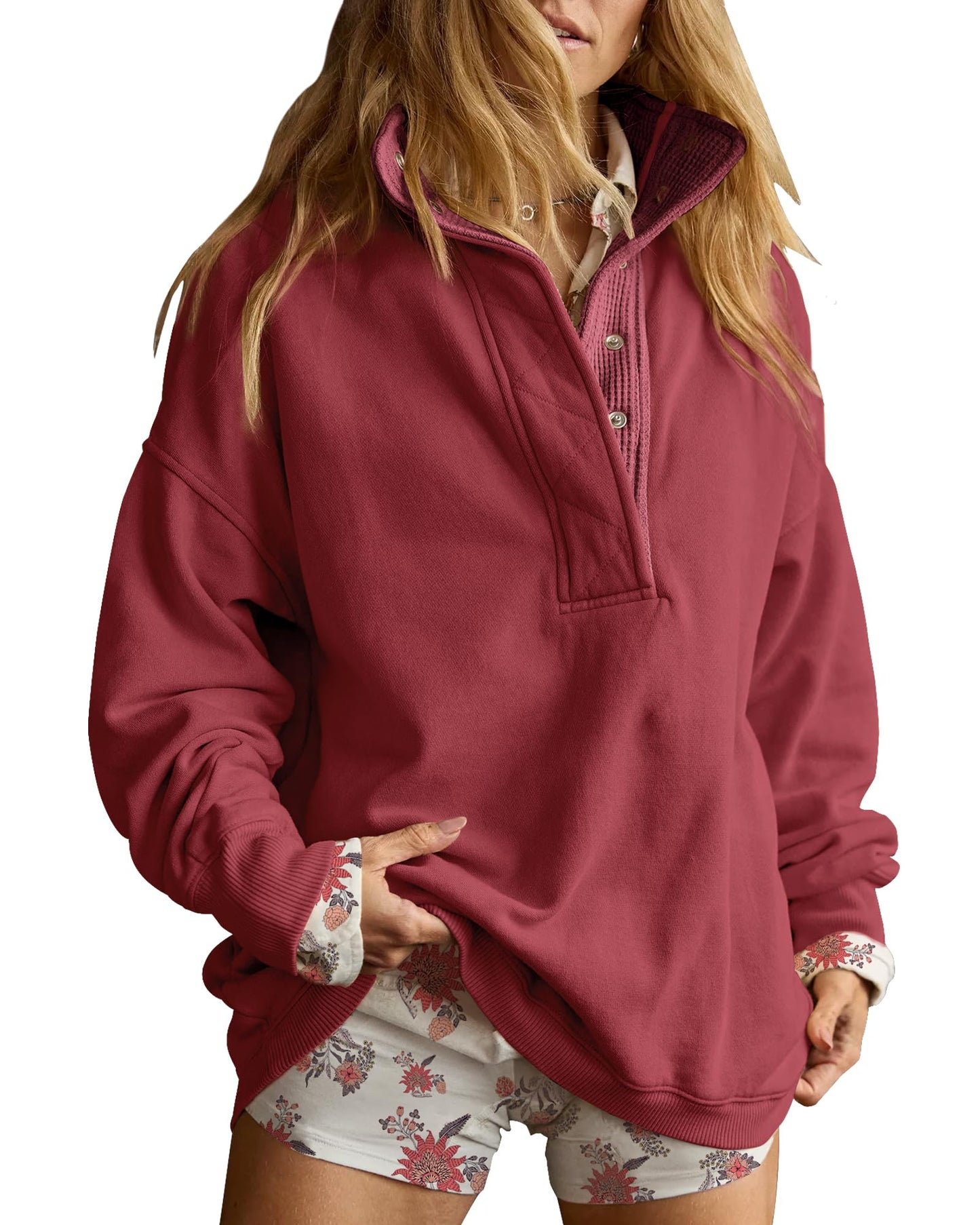 Gacaky Sweatshirt for Women Oversized Casual Long Sleeve Button Henley Neck Pullover Tops Fashion Outfits Clothes Burgundy S
