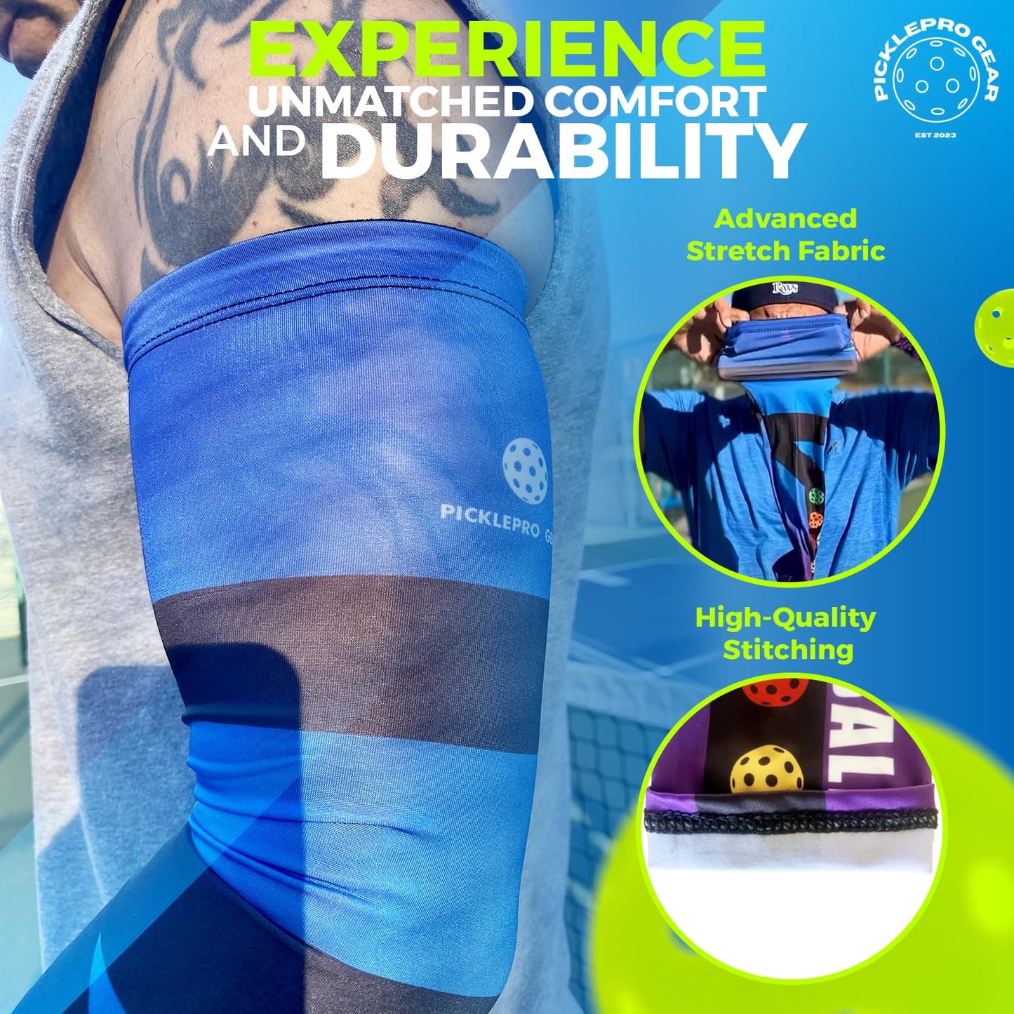 PickleProGear Pickleball Arm Sleeves M/L Size | Compression Fit, UV Protection | 5 Stylish Designs (Blue & Purple Arm Sleeves)