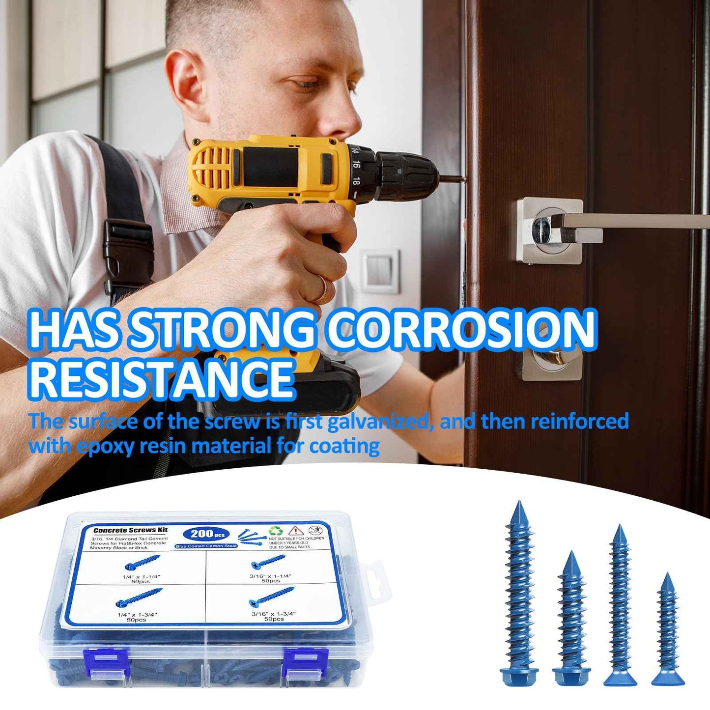 200PCS Concrete Screws Assortment Kit, 1/4 3/16 Masonry Screws with Drill Bit and Driver Bit, 4 Size Flat & Hex Head Cement Screws and Anchors, Diamond Point, Self Tapping Concrete Brick, Blue Coated
