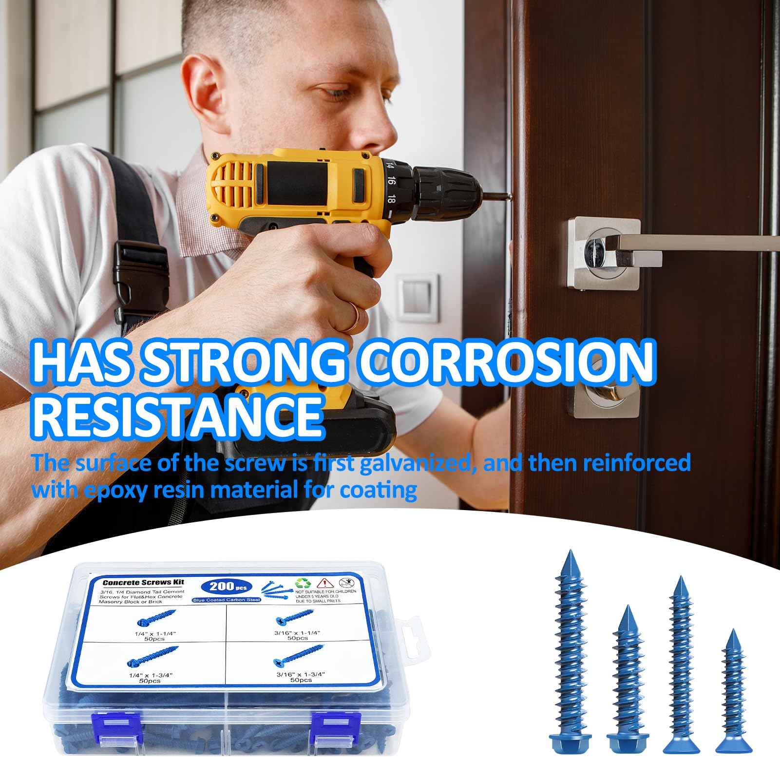 200PCS Concrete Screws Assortment Kit, 1/4 3/16 Masonry Screws with Drill Bit and Driver Bit, 4 Size Flat & Hex Head Cement Screws and Anchors, Diamond Point, Self Tapping Concrete Brick, Blue Coated