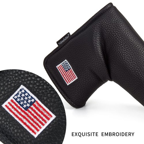 Yueaglesky American Flag Blade Putter Head Cover for Men and Women - White/Black PU Leather with Hook and Loop Fasteners Stickers