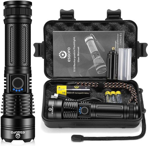 Esgofo High Lumens 100000 Rechargeable Flashlight - Super Bright LED, Waterproof, Ideal for Hiking & Camping