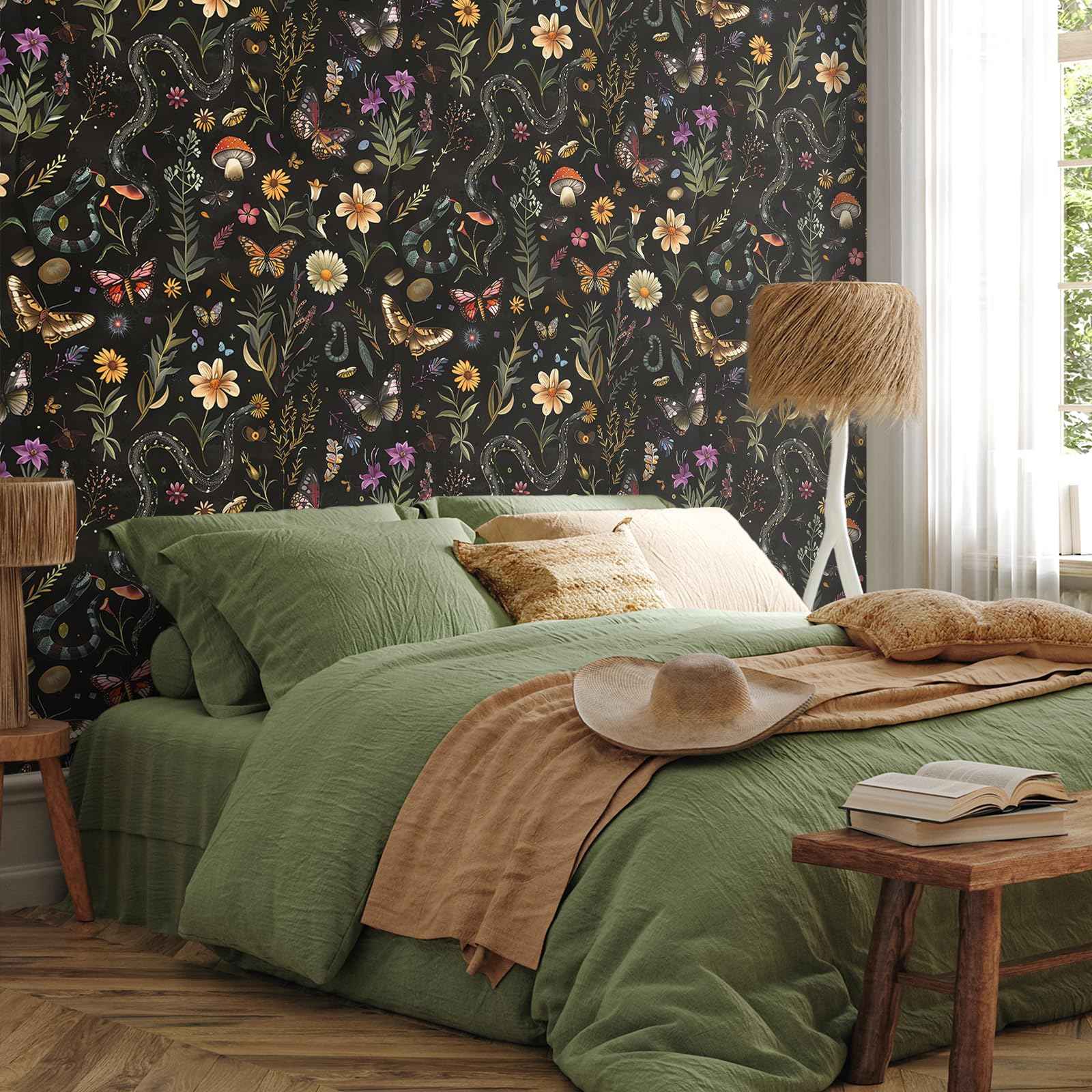 VEELIKE Midnight Forest Wallpaper Peel and Stick Snake Butterfly Floral Wallpaper for Bedroom Bathroom 17.7''x118'' Black Botanical Wall Mural Removable Self Adhesive Floral Contact Paper for Cabinets