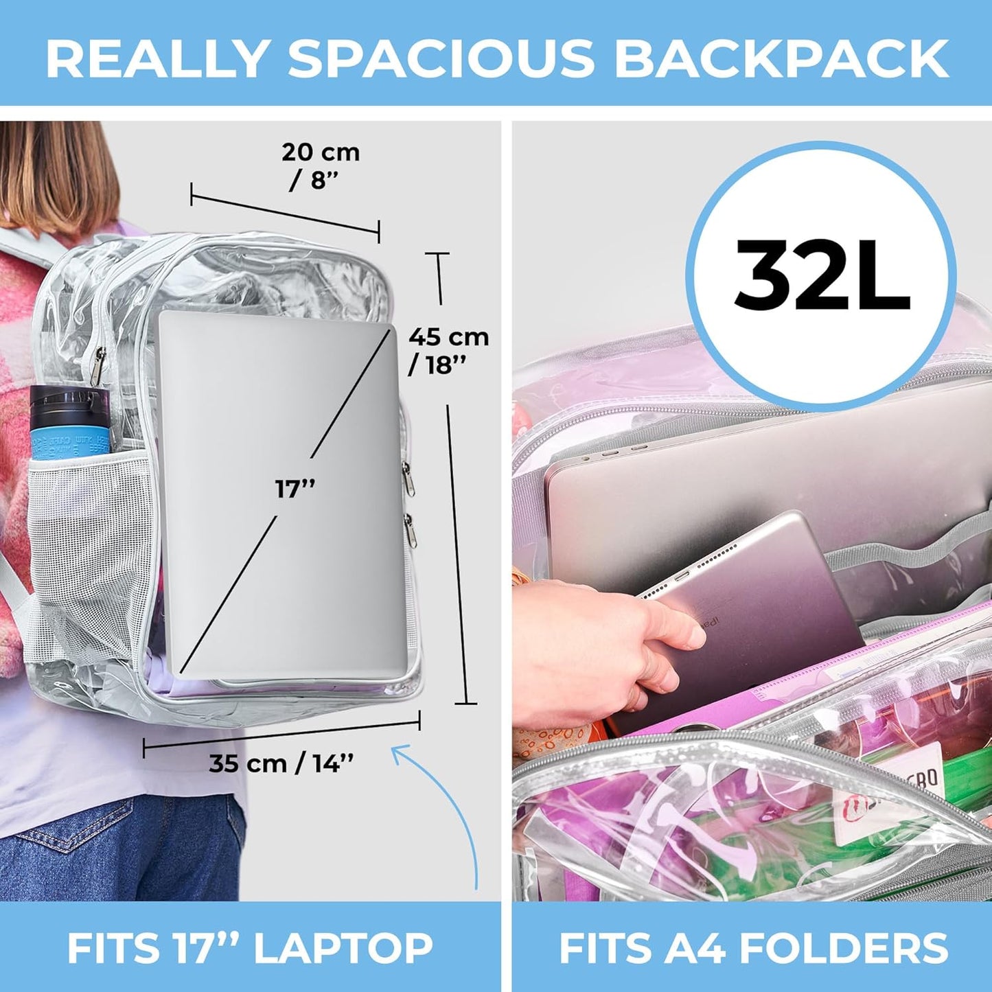 SHYLERO Clear Backpack - Heavy Duty PVC with TSA Lock & 2-Way Zipper | Extra Large Grey (18" x 14" x 8")