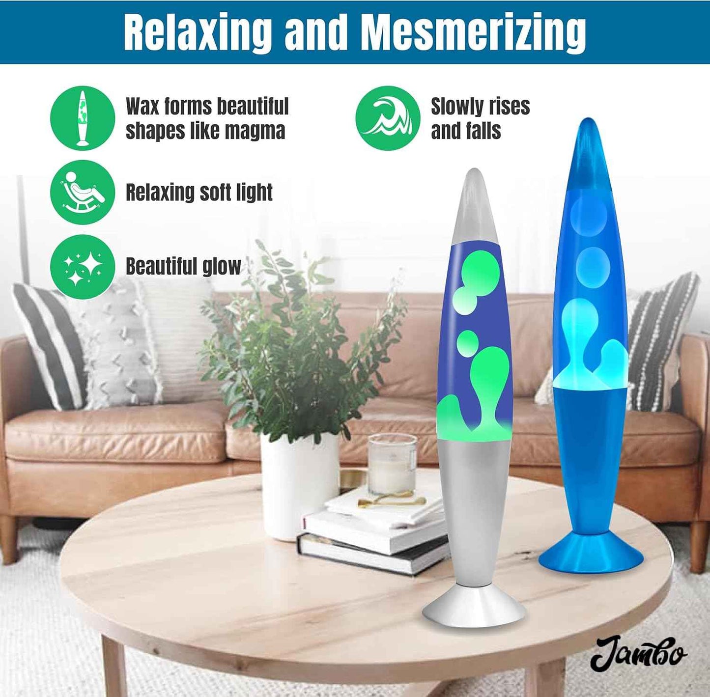 JAMBO 2-Pack 16" Liquid Lava Lamps - Silver & Blue Night Lights for Relaxation