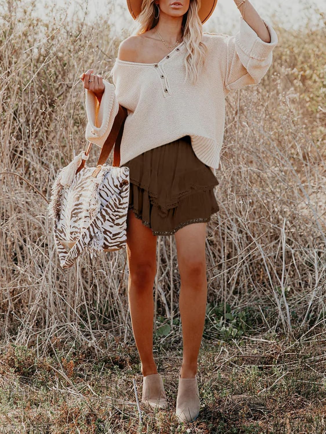Aoudery Flowy Shorts - Women's Casual Boho Ruffle Tiered High Waist Skorts | Mini Golf & Tennis