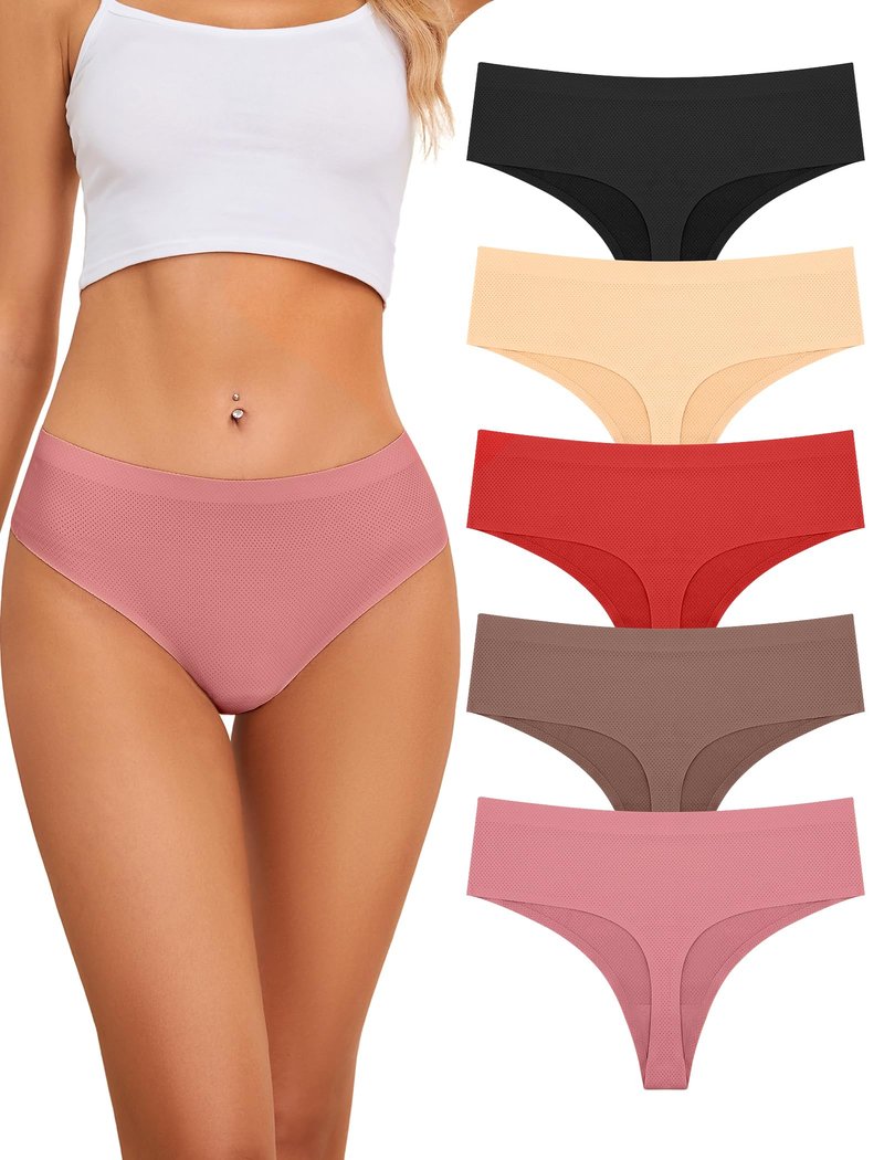 voenxe Seamless Women Underwear Thongs,High Waisted No Show Ladies Panties,Invisible Breathable Comfy Active Thong,Hi Rise Cut Athletic Gym Undies,Highwaisted Mesh Stretchy Soft Panty,5-Pack Coffee
