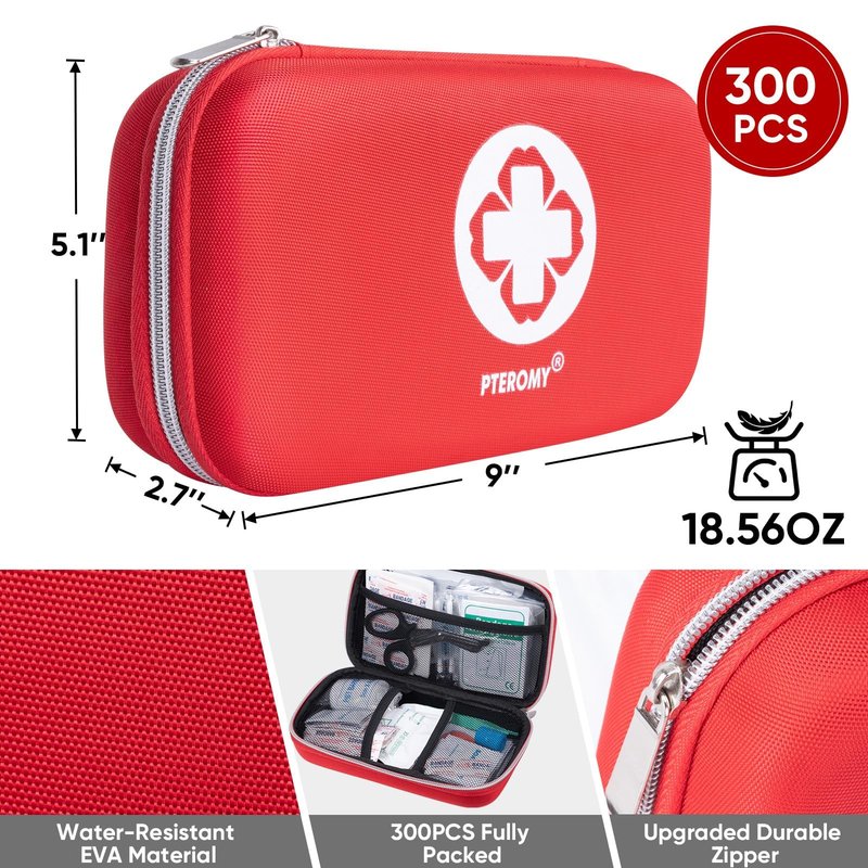 PTEROMY 300 Piece First Aid Kit, Portable Small Emergency Kits Compact 1st Aid Kit with Hard Storage Case for Car, Travel, Home, Camping, Outdoor, Hiking