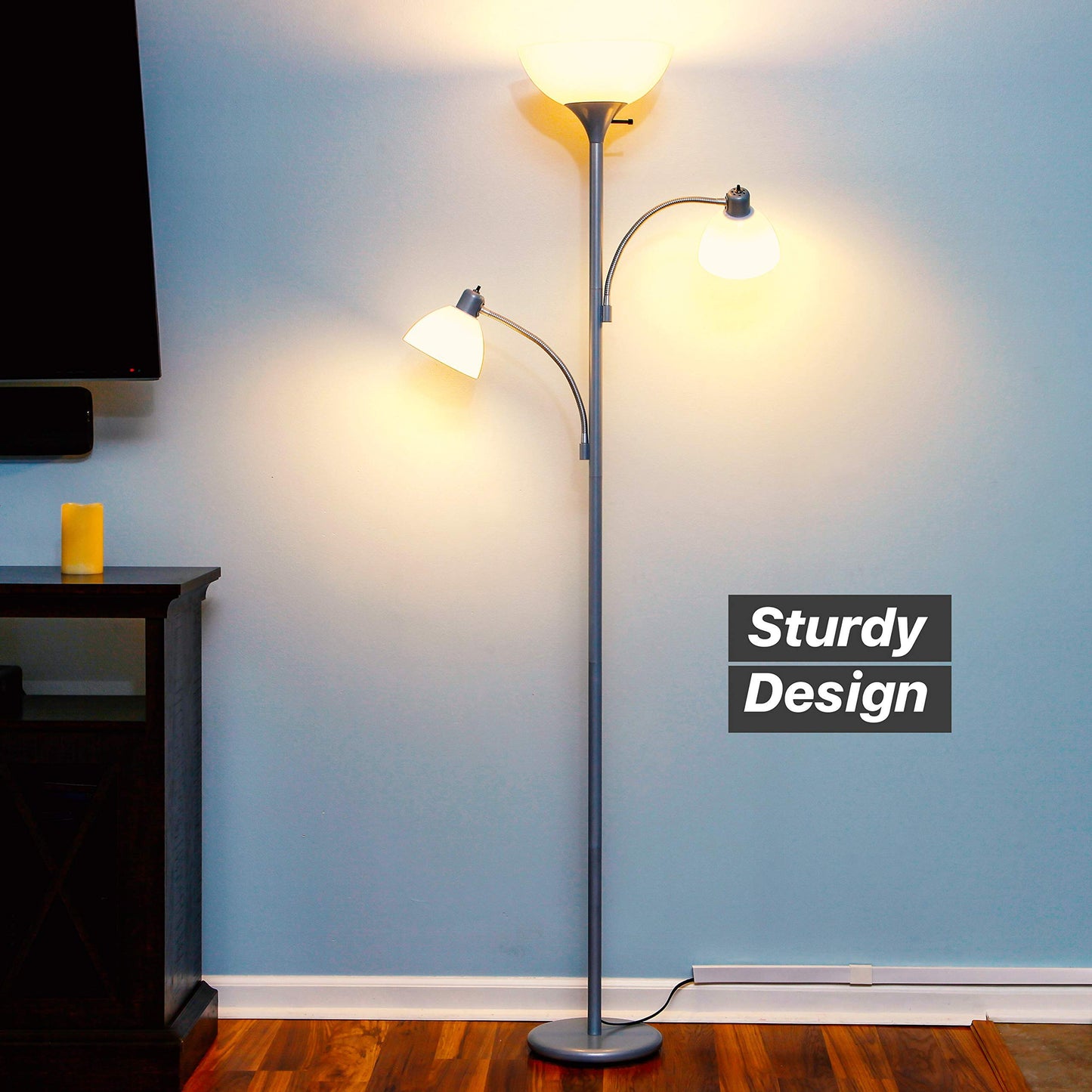 Brightech Sky Dome Double LED Floor lamp, Torchiere Super Bright Floor Lamp with 2 Reading Lamps for Living Rooms & Offices - Dimmable Tall Standing Lamp for Bedroom Reading - Tall Silver Pole