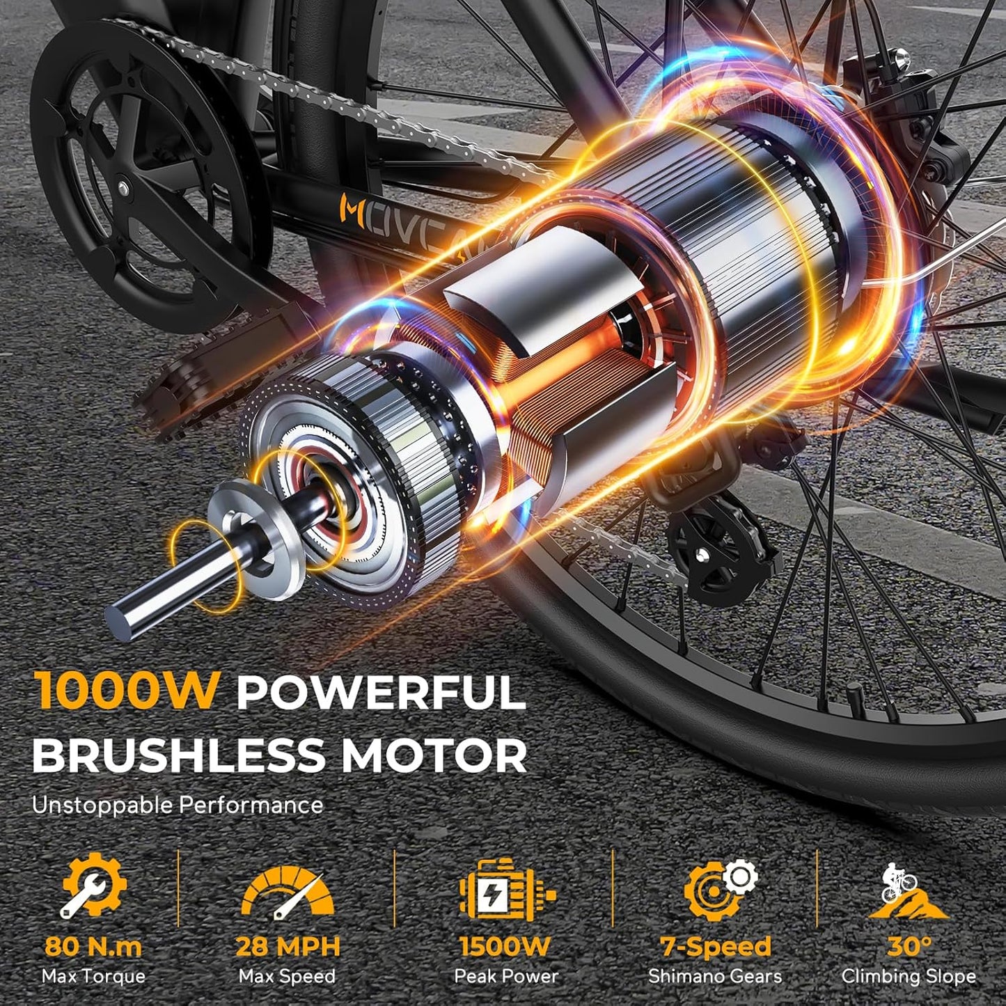 Movcan V80 Electric Bike - 1000W Motor, 28MPH City Cruiser | 48V 13Ah Battery, 70 Miles Range, 7-Speed