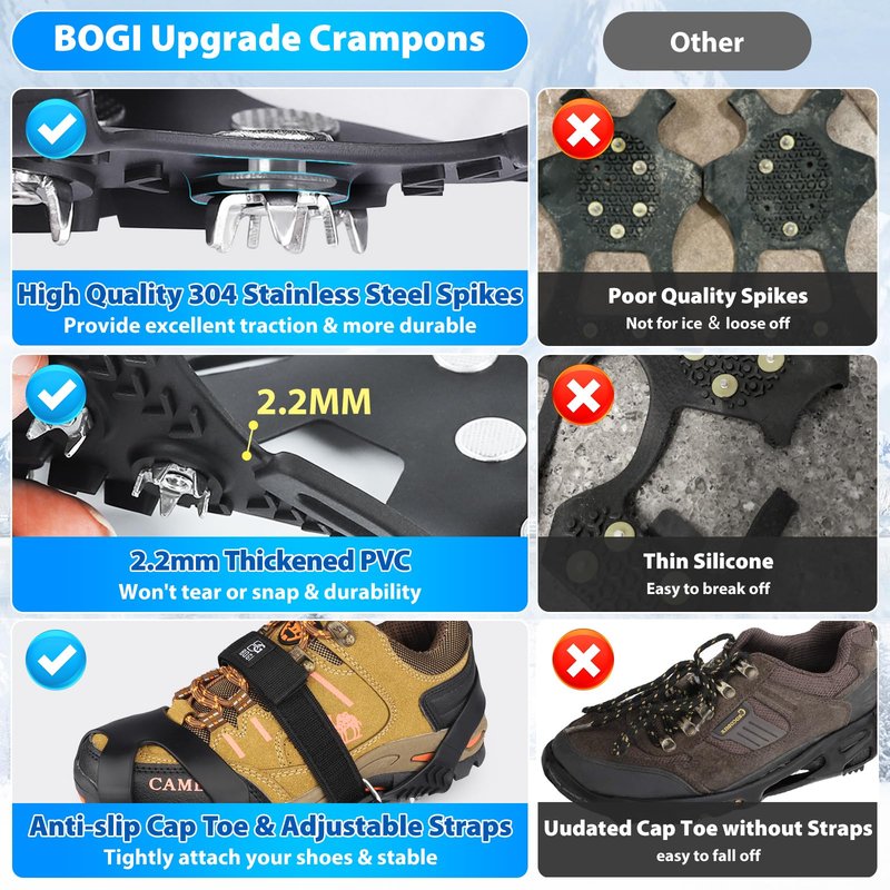 BOGI Crampons, Ice Cleats for Shoes and Boots with 12 Stainless Steel Spikes Non-Slip Ice Shoes Grippers Traction Cleats for Snow Ice, Winter Hiking, Walking, Fishing, Climbing for Women Men Kids