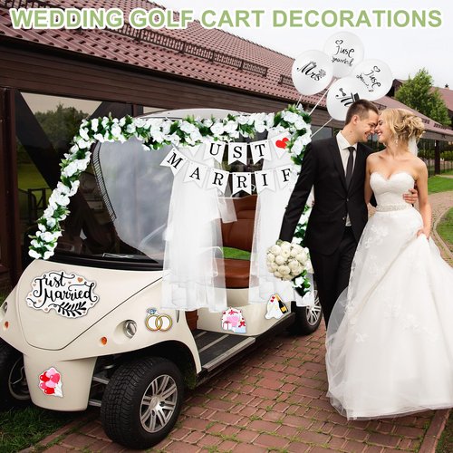Wedding Golf Cart Decorations 1 Just Married Sign Banner 4 Rose Garland 14 Assorted Ornate Car Magnets 19.7ft Draping Fabric 4 Mr and Mrs Just Married Balloons for Bridal Shower Honeymoon Photo Props