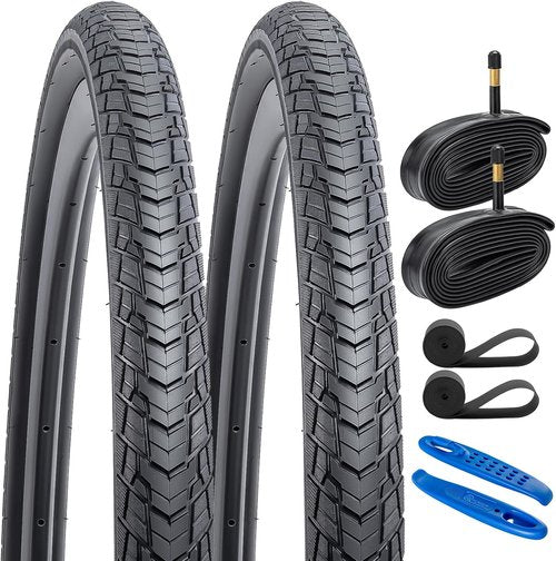 700C Bike Tires & Heavy Duty Tubes - 2-Piece Set with Rim Strips | 700x45C, 28x1.75 Compatibility