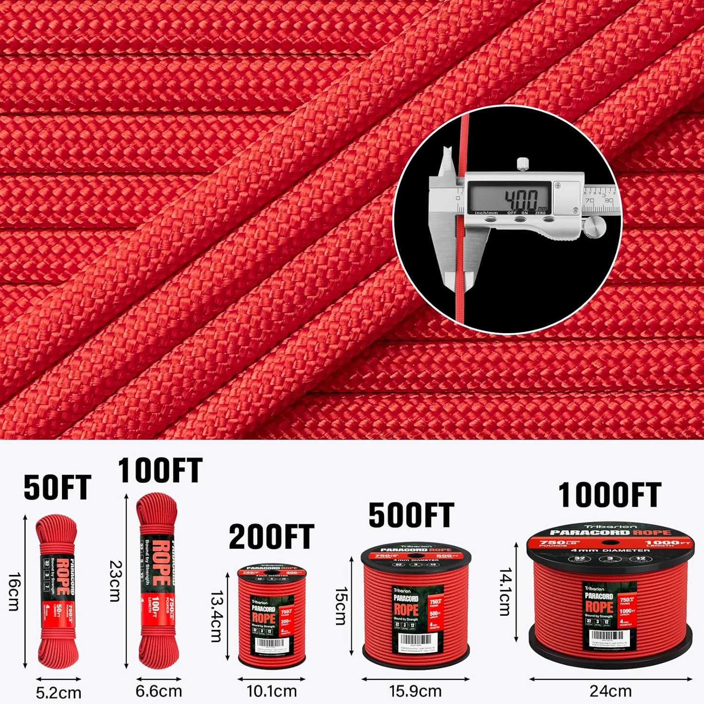 Paracord 750 lb - 100ft 5/32" Heavy Duty Parachute Cord | Durable 12-Strand Survival Rope - Red