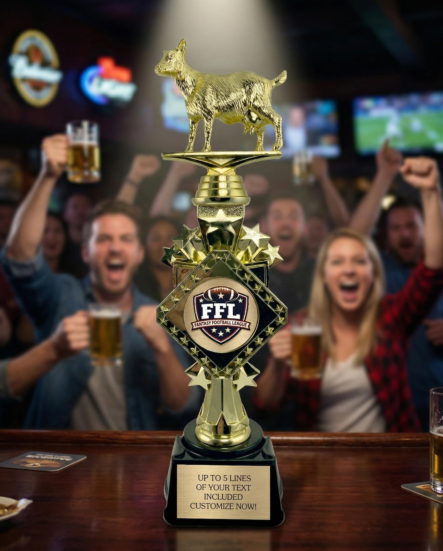 Customizable Fantasy Football Trophy, 13" Tall Gold Goat Trophy Award