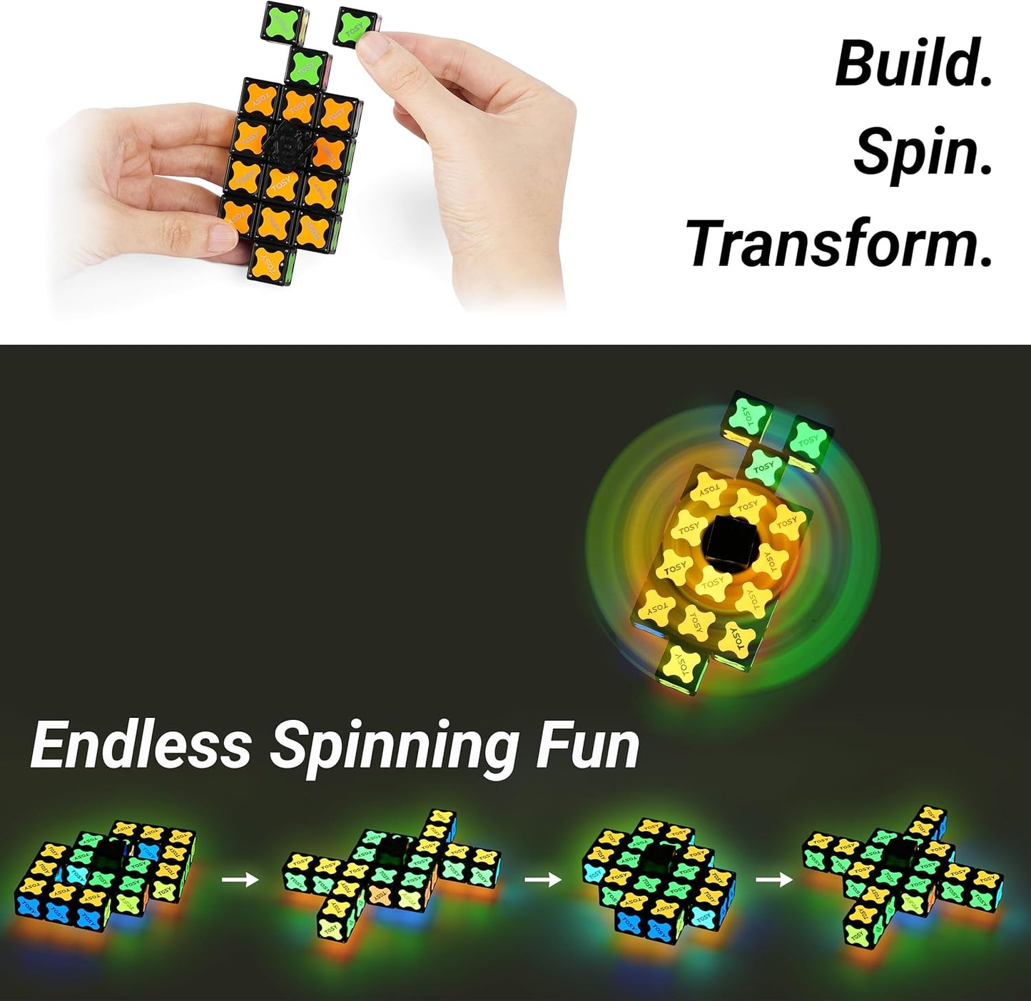 TOSY Magnet Fidget Spinner - Glow In The Dark 3-in-1 Transformable Toy | Infinity Cube & Puzzle for Kids & Adults