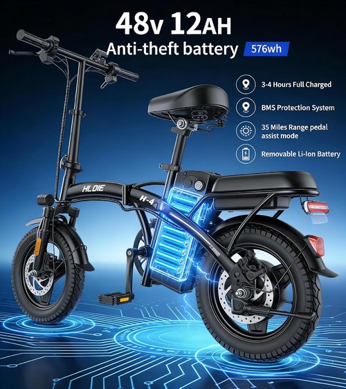 HLOIE Folding Electric Bike - 750W Motor, 23MPH Max Speed | 14" Ebike with 48V 12AH Battery, 35 Miles Range