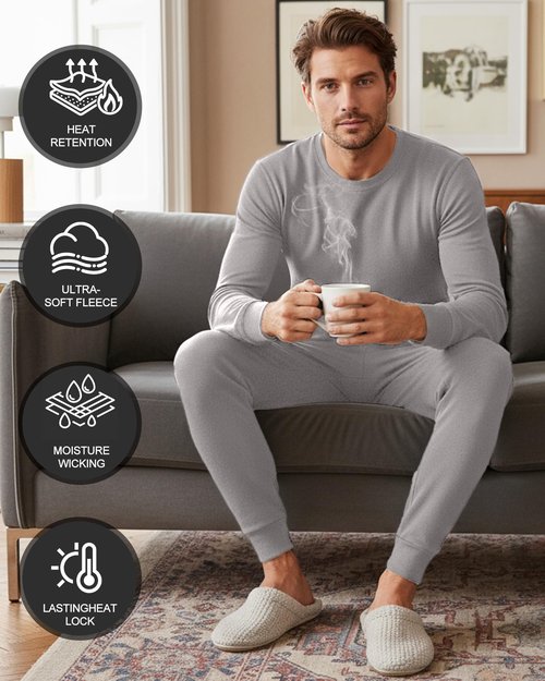 Patelai 2 Pack Mens Thermal Underwear Set Fleece Lined Underwear Shirt and Pants Set Base Layer Top and Bottom Cold Weather(Black/light Gray,Small)