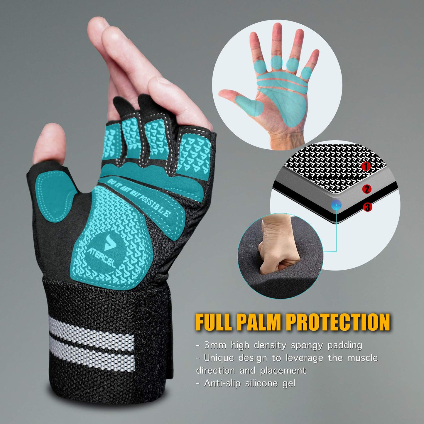 ATERCEL Weight Lifting Gloves Breathable Workout Gloves with Wrist Support for Gym, Exercise, Pull ups, Super Lightweight for Mens and Women, Full Palm Protection (Black, S)